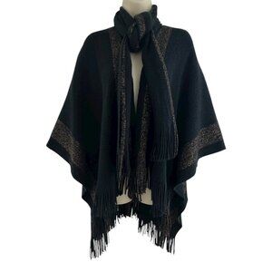 Black Gold Metallic Soft Knit Wrap Shawl Sweater Cape Poncho Scarf Fringe Winter